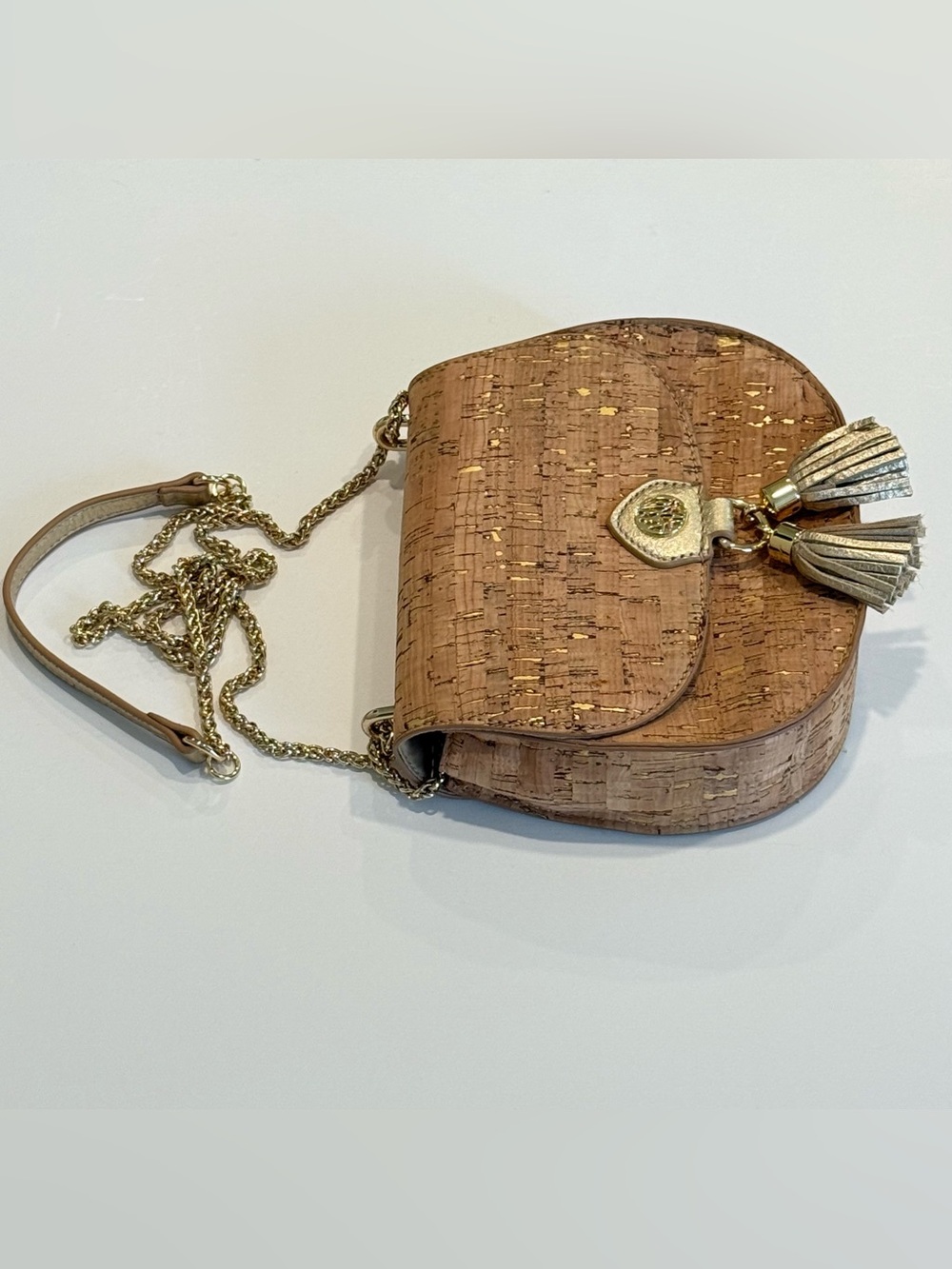 Lilly Pulitzer Sirena Cork Gold Metallic Crossbody Bag Chain Strap & Tassel - Picture 3 of 13
